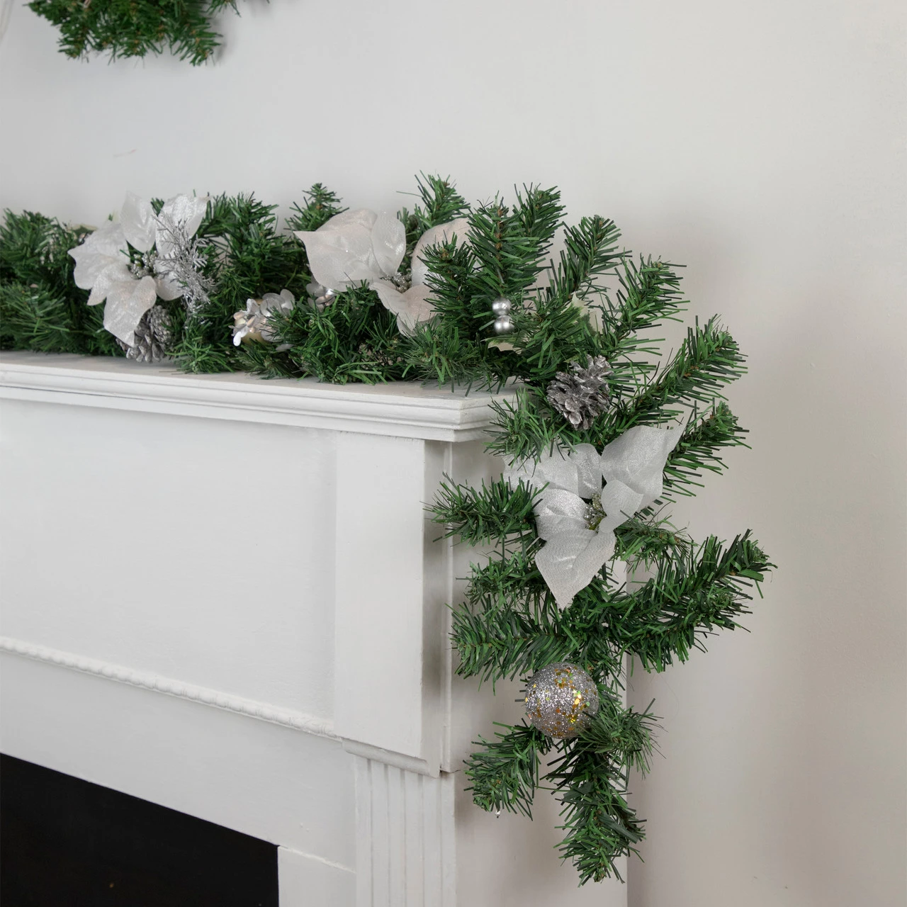 6' X 9" Silver Poinsettia And Pinecone Artificial Christmas Garland, Unlit 2 6' X 9" Silver Poinsettia And Pinecone Artificial Christmas Garland, Unlit - Image 2