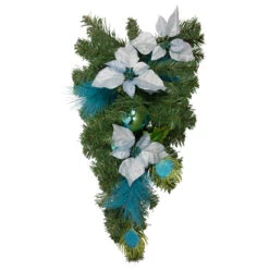 22" Peacock Feather And Poinsettia Artificial Christmas Teardrop Swag, Unlit