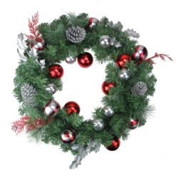 Red And Silver Ornaments Artificial Christmas Wreath - 24-Inch, Unlit