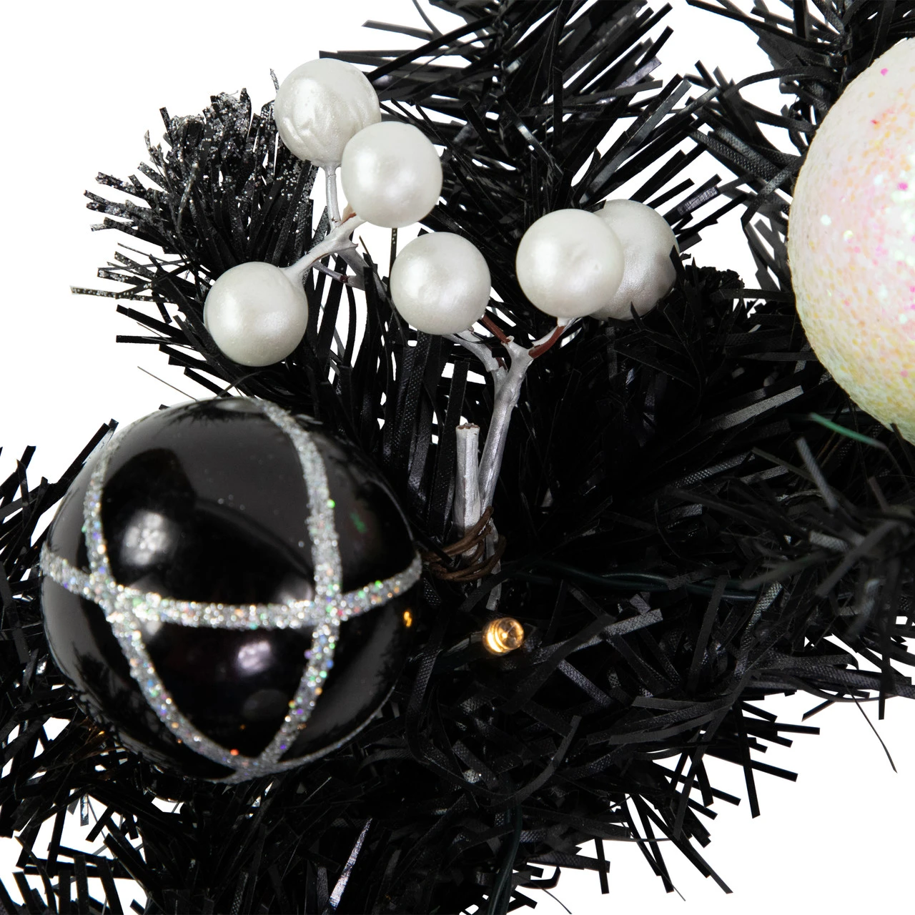 16" Pre-Lit Decorated Black Pine Artificial Christmas Wreath, Cool White LED Lights 4 16" Pre-Lit Decorated Black Pine Artificial Christmas Wreath, Cool White LED Lights - Image 4