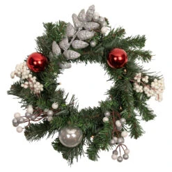 16" Pre-Lit Decorated Green Pine Artificial Christmas Wreath, Warm White LED Lights