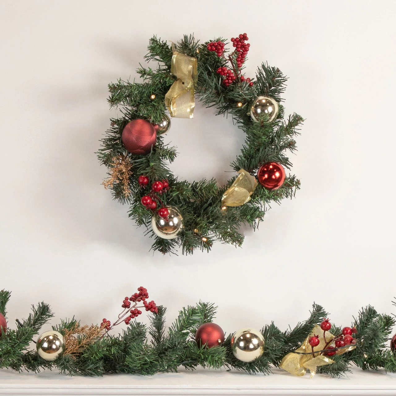 Pre-Lit Decorated Burgundy And Gold Pine Artificial Christmas Wreath, 16-Inch, Warm White LED 2 Pre-Lit Decorated Burgundy And Gold Pine Artificial Christmas Wreath, 16-Inch, Warm White LED - Image 2
