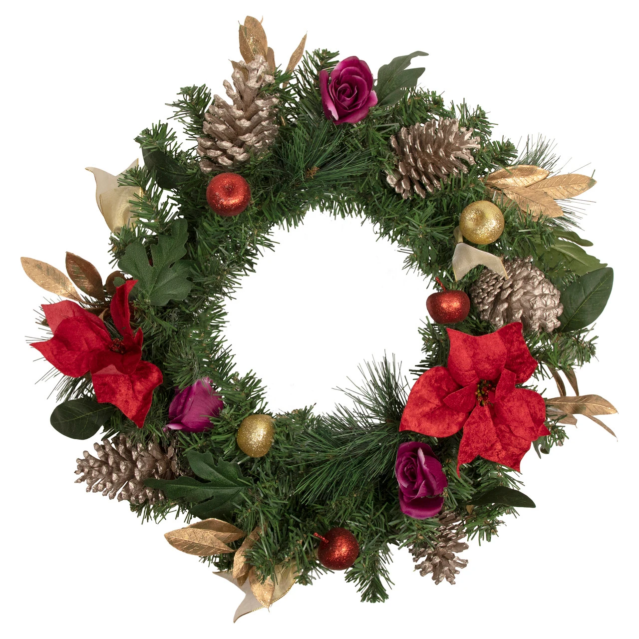 Decorated Red Poinsettia And Rose Artificial Christmas Wreath, 24-inch, Unlit 1 Decorated Red Poinsettia And Rose Artificial Christmas Wreath, 24-inch, Unlit