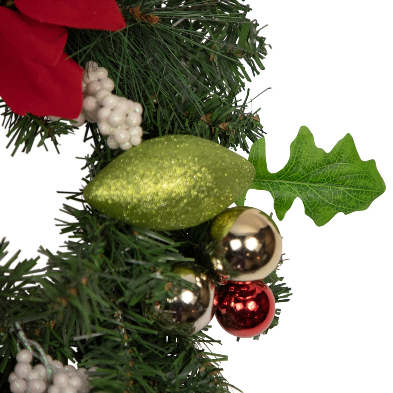 Decorated Red And Green Poinsettia And Pine Artificial Christmas Wreath, 24-inch, Unlit 2 Decorated Red And Green Poinsettia And Pine Artificial Christmas Wreath, 24-inch, Unlit - Image 2