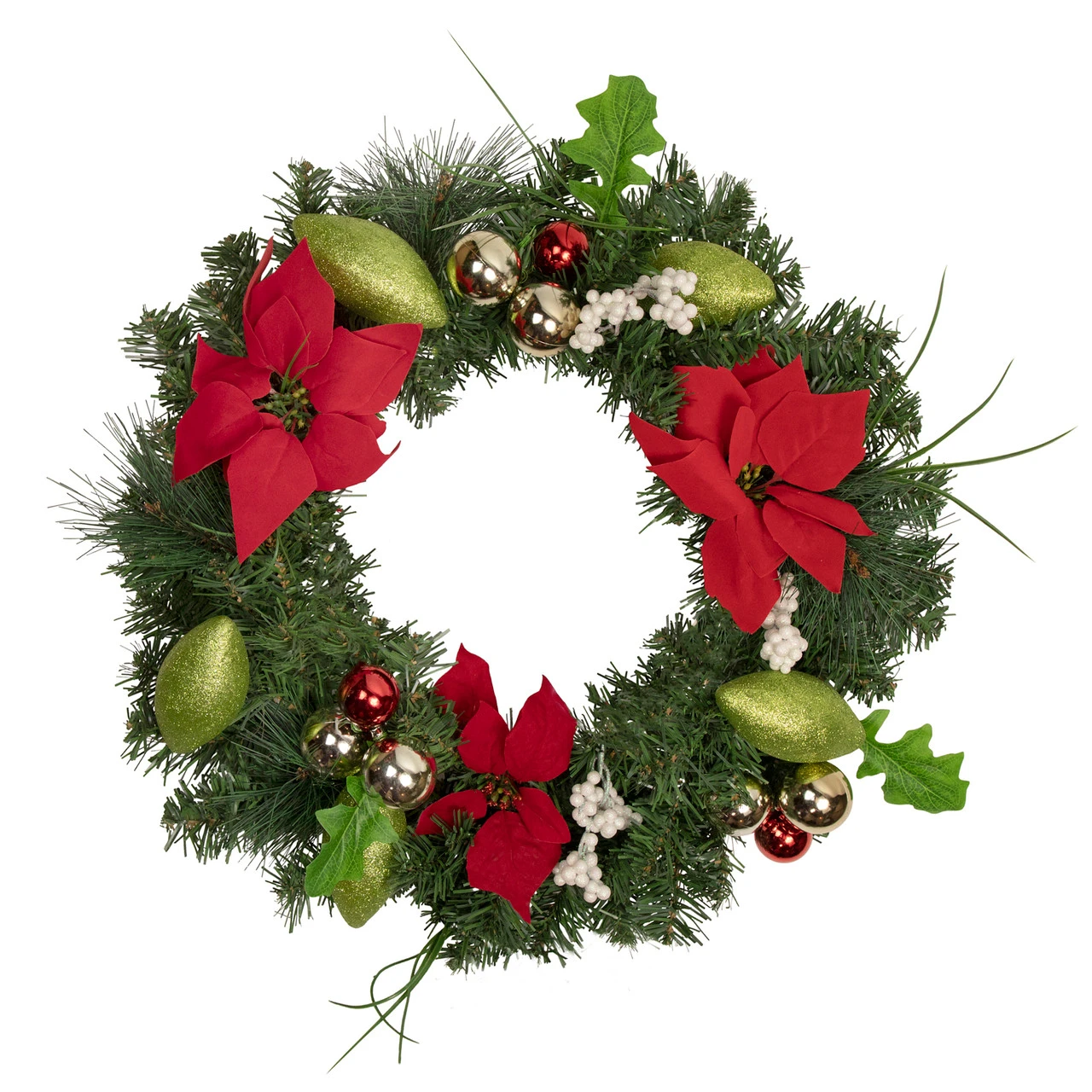Decorated Red And Green Poinsettia And Pine Artificial Christmas Wreath, 24-inch, Unlit 1 Decorated Red And Green Poinsettia And Pine Artificial Christmas Wreath, 24-inch, Unlit