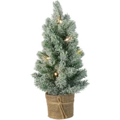 17-Inch Mini Artificial Tabletop LED Flocked Christmas Tree With Burlap Base- Clear Lights