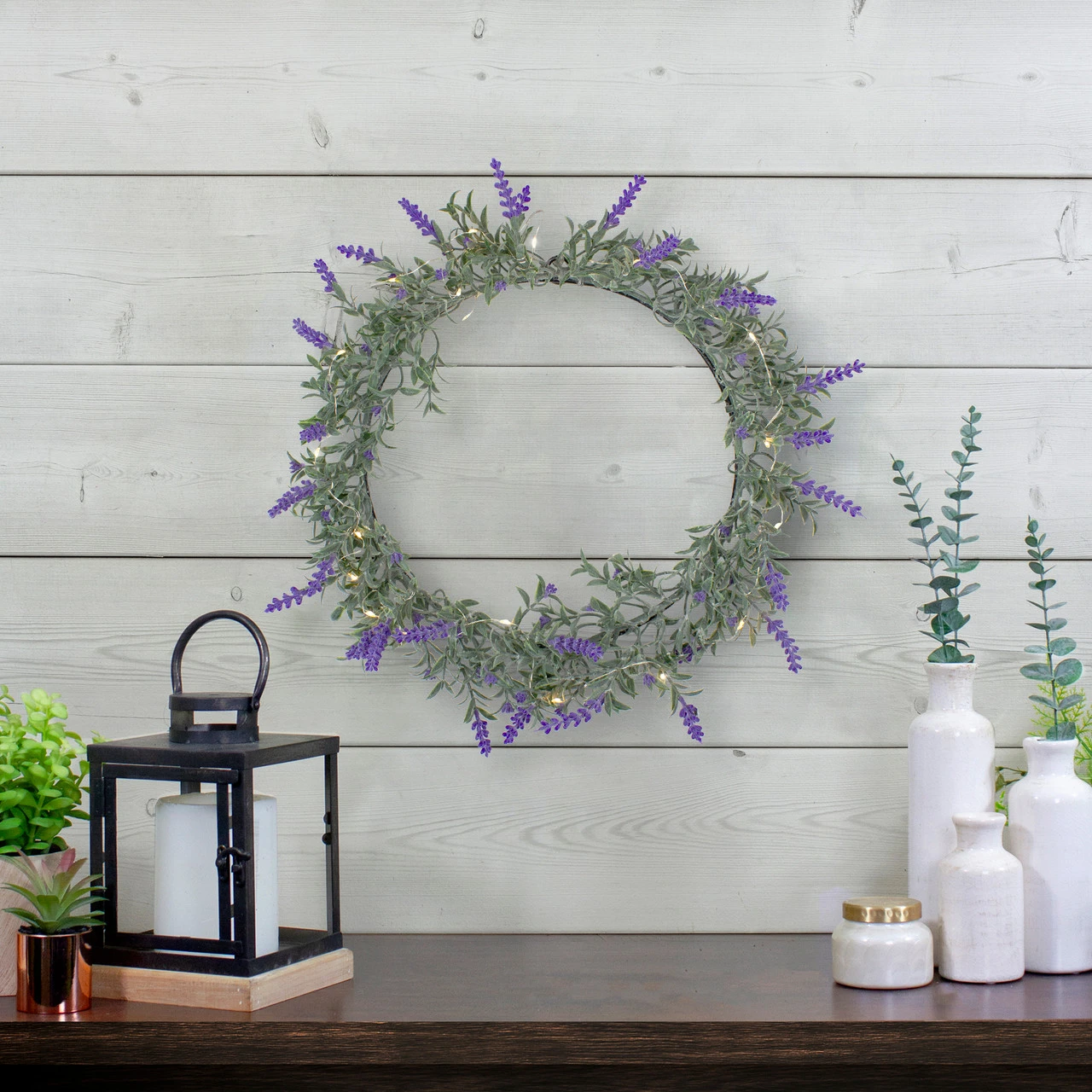LED Lighted Artificial Lavender Spring Wreath- 16-inch, White Lights 2 LED Lighted Artificial Lavender Spring Wreath- 16-inch, White Lights - Image 2