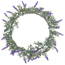 LED Lighted Artificial Lavender Spring Wreath- 16-inch, White Lights