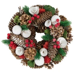 White Wooden Rose, Pine Cone And Berry Artificial Christmas Wreath, 10-Inch, Unlit