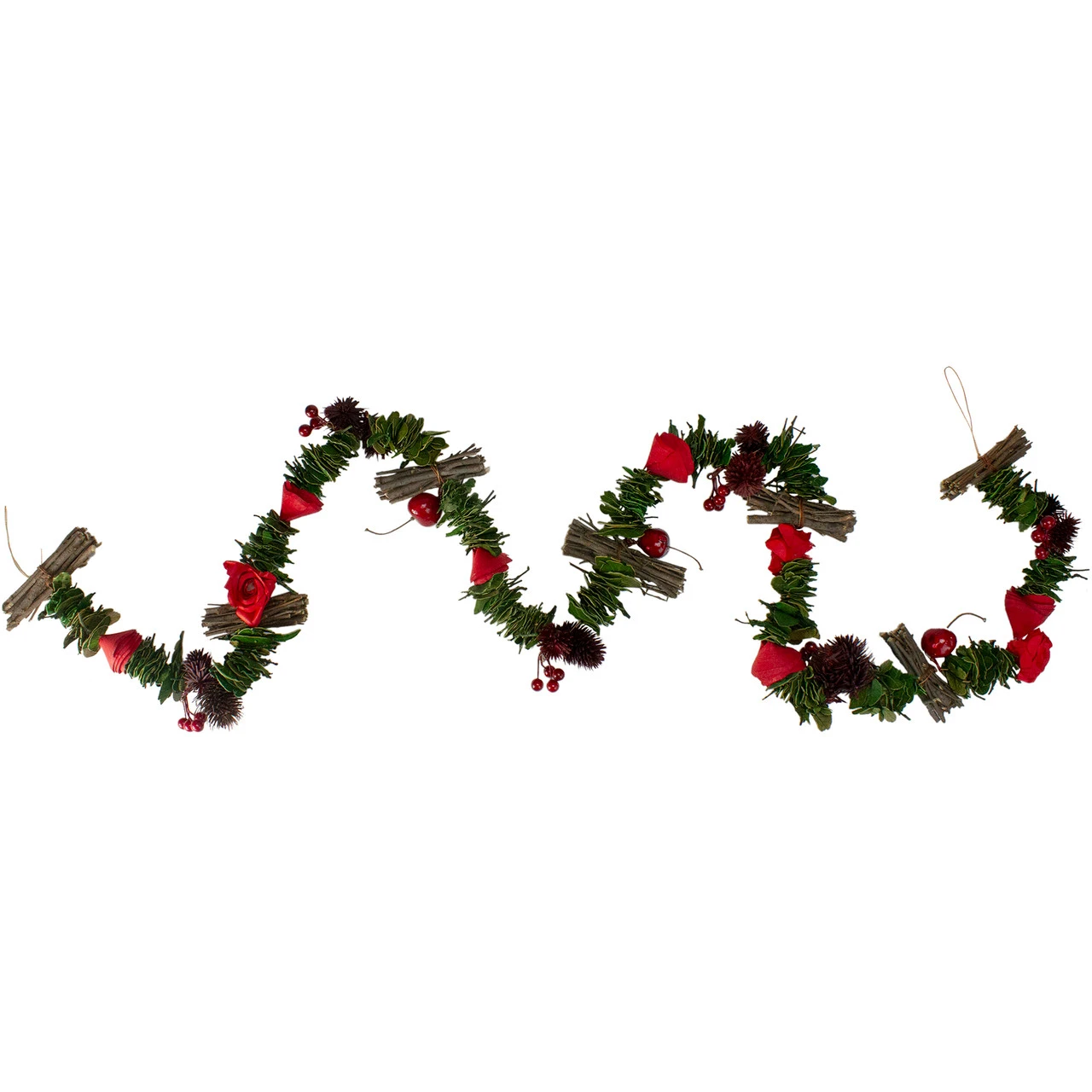 5' X 3.25" Red Wooden Rose, Twig And Apple Artificial Christmas Garland - Unlit 1 5' X 3.25" Red Wooden Rose, Twig And Apple Artificial Christmas Garland - Unlit