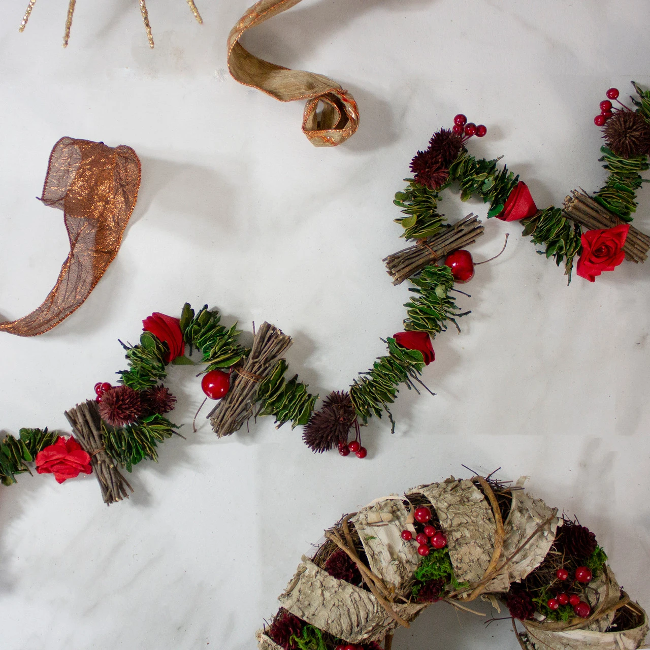 5' X 3.25" Red Wooden Rose, Twig And Apple Artificial Christmas Garland - Unlit 2 5' X 3.25" Red Wooden Rose, Twig And Apple Artificial Christmas Garland - Unlit - Image 2
