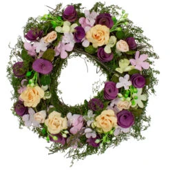 Purple And Green Floral, Berries And Twig Artificial Spring Floral Wreath, 14-Inch