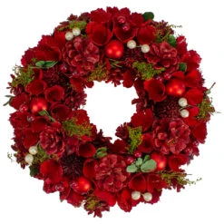 Red And Green Velvet Floral With Berries Christmas Wreath,12-Inch