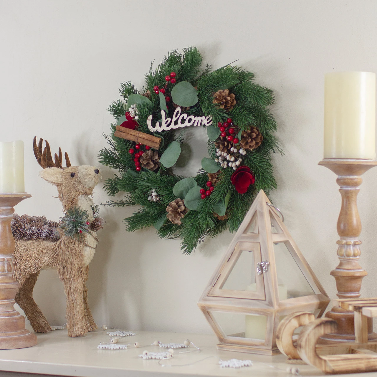 Green And Red "Welcome" Artificial Christmas Wreath - 12-Inch, Unlit 2 Green And Red "Welcome" Artificial Christmas Wreath - 12-Inch, Unlit - Image 2