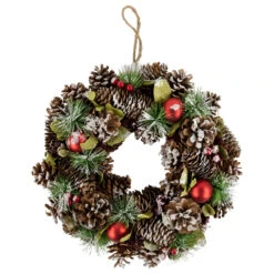 Red Ornament With Frosted Pinecone And Pine Needle Christmas Wreath, 13.5-Inch, Unlit