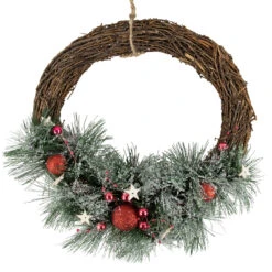 Red Ornaments, Pine Needle And Stars Frosted Christmas Wreath, 13.75-Inch