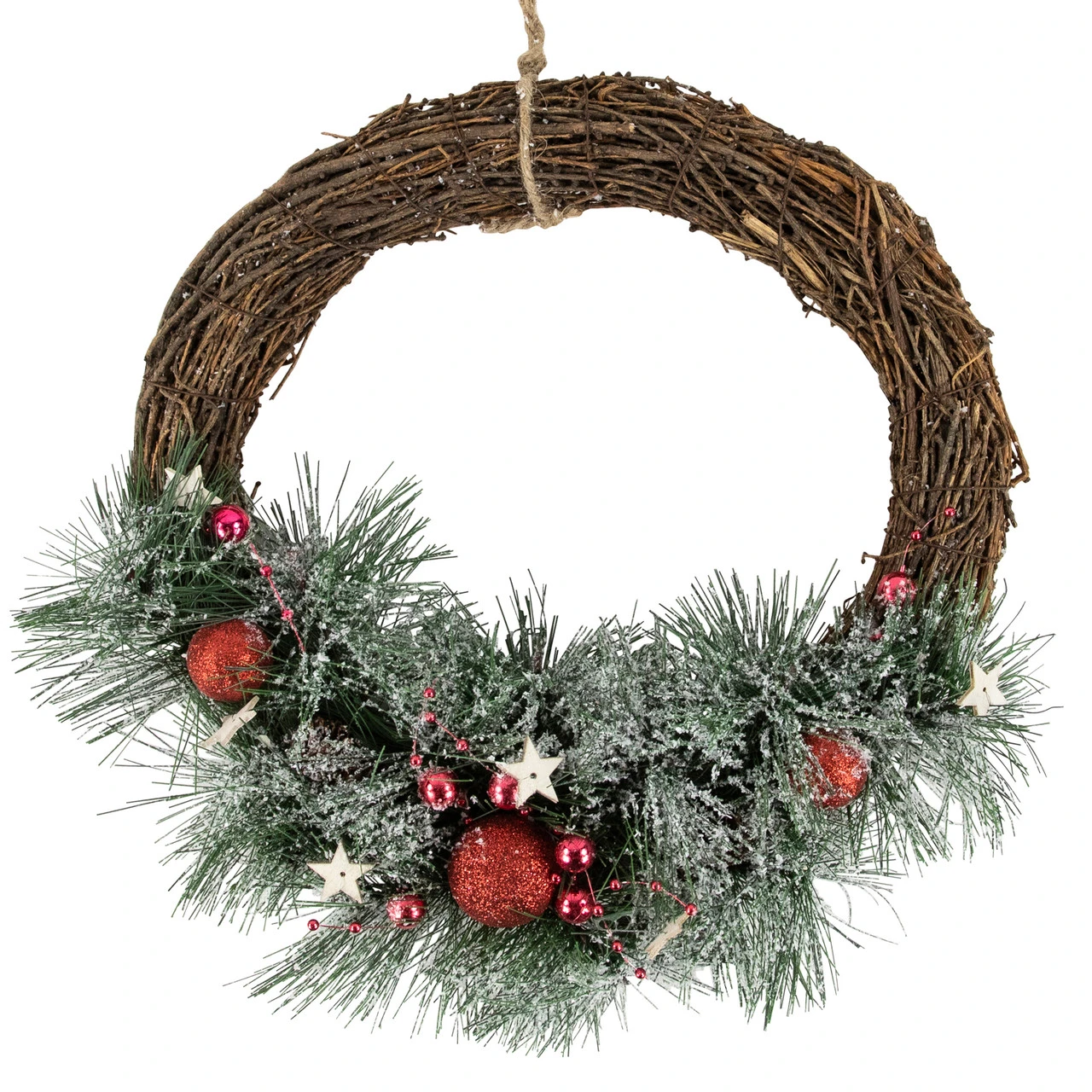 Red Ornaments, Pine Needle And Stars Frosted Christmas Wreath, 13.75-Inch 1 Red Ornaments, Pine Needle And Stars Frosted Christmas Wreath, 13.75-Inch