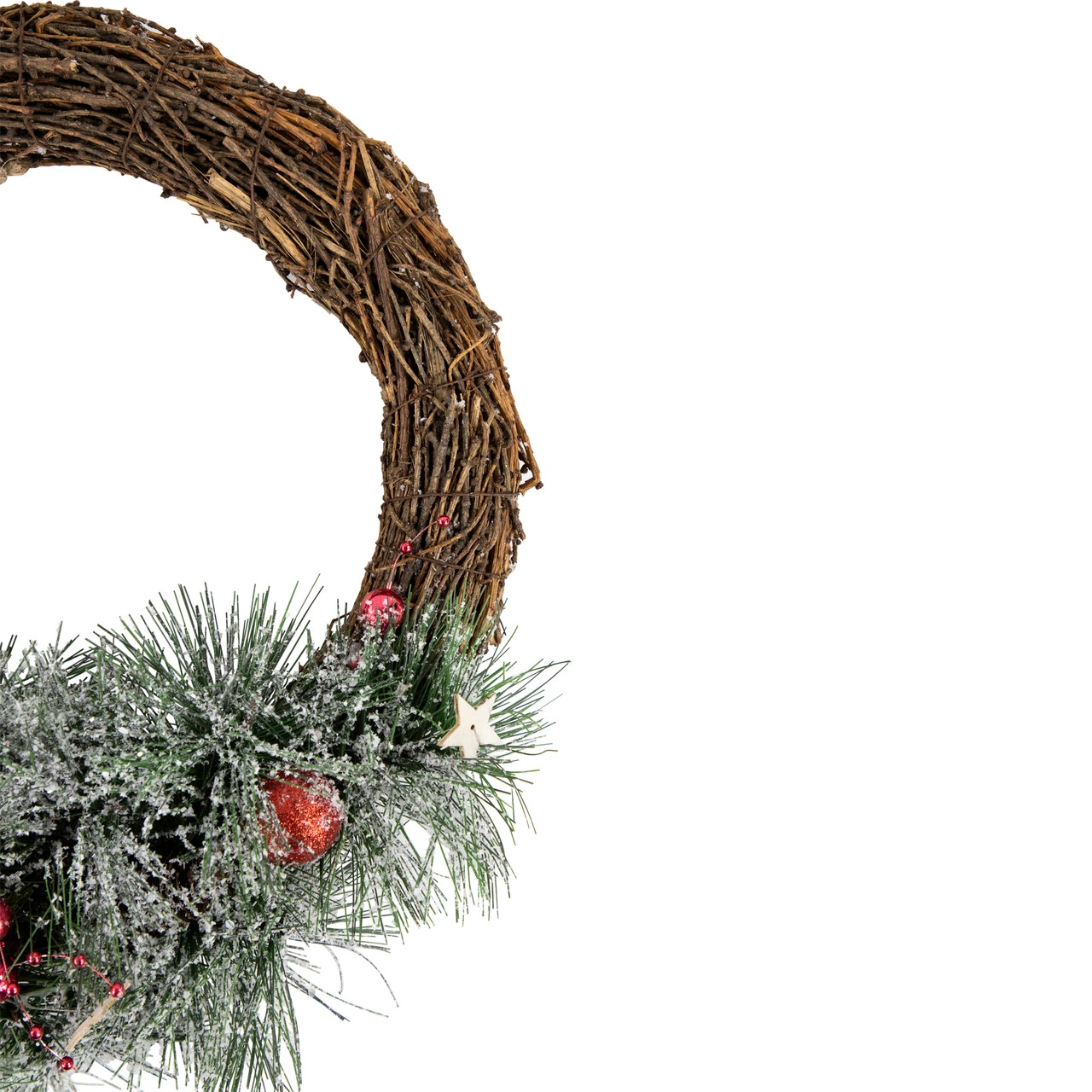 Red Ornaments, Pine Needle And Stars Frosted Christmas Wreath, 13.75-Inch 3 Red Ornaments, Pine Needle And Stars Frosted Christmas Wreath, 13.75-Inch - Image 3