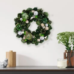 Green Pinecone And Foliage Artificial Christmas Wreath, 14-Inch, Unlit