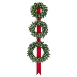 Set Of 3 Pre-Lit B/O Flocked Wreaths On Red Ribbon Christmas Decoration, 6.5'