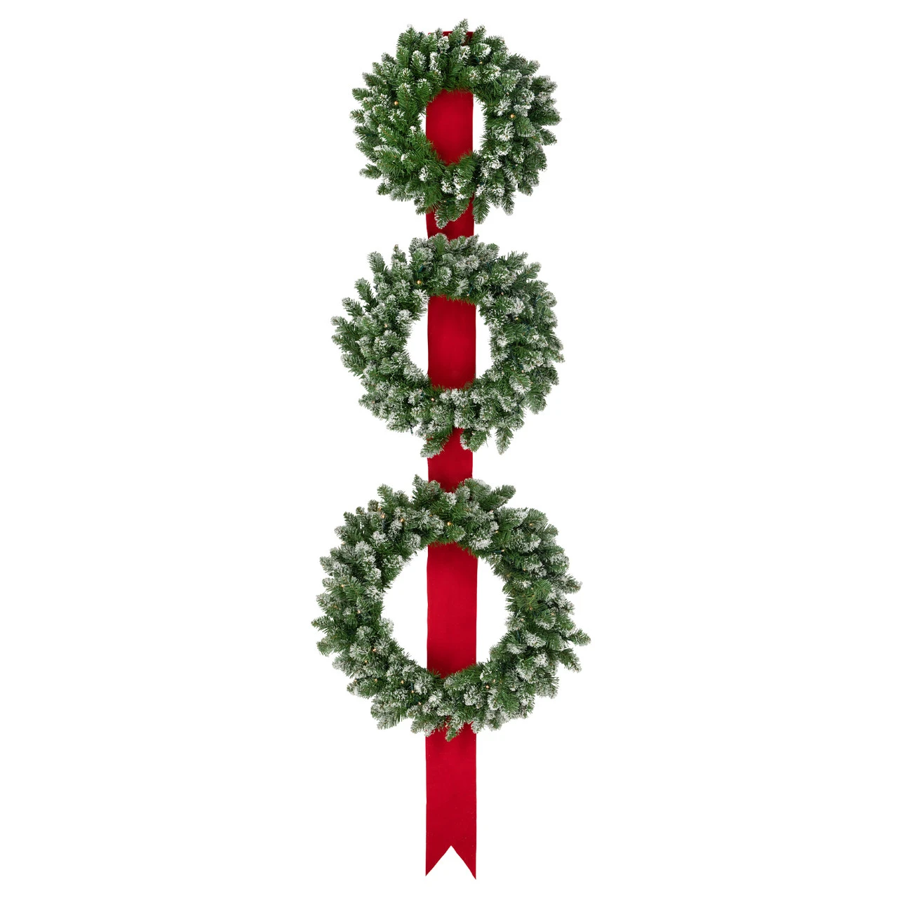 Set Of 3 Pre-Lit B/O Flocked Wreaths On Red Ribbon Christmas Decoration, 6.5' 1 Set Of 3 Pre-Lit B/O Flocked Wreaths On Red Ribbon Christmas Decoration, 6.5'