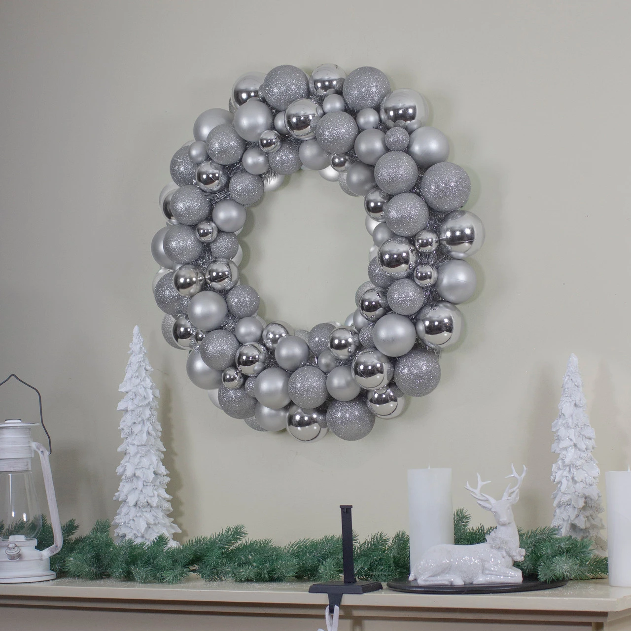 Silver Splendor 3-Finish Shatterproof Ball Christmas Wreath24" - Unlit 2 Silver Splendor 3-Finish Shatterproof Ball Christmas Wreath24" - Unlit - Image 2