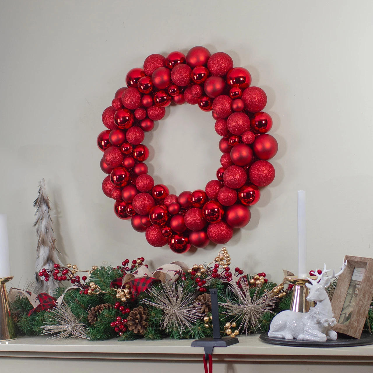 Red 3-Finish Shatterproof Ball Christmas Wreath, 36-Inch, Unlit 2 Red 3-Finish Shatterproof Ball Christmas Wreath, 36-Inch, Unlit - Image 2