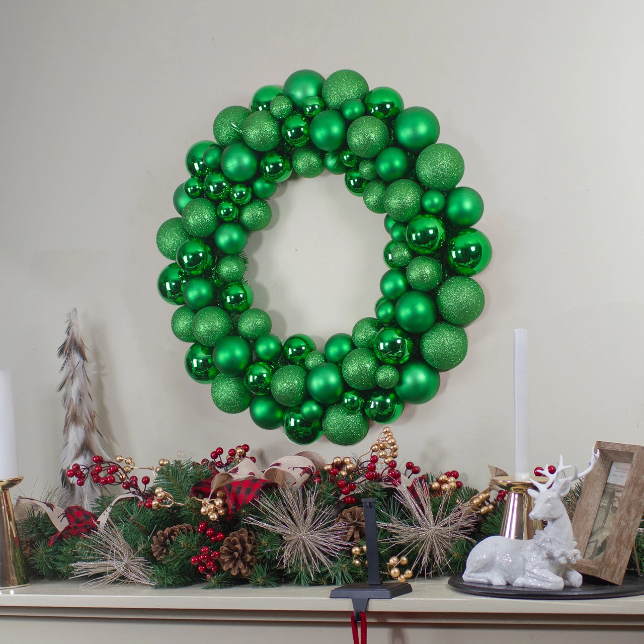 Green 3-Finish Shatterproof Ball Christmas Wreath - 24-Inch, Unlit 2 Green 3-Finish Shatterproof Ball Christmas Wreath - 24-Inch, Unlit - Image 2
