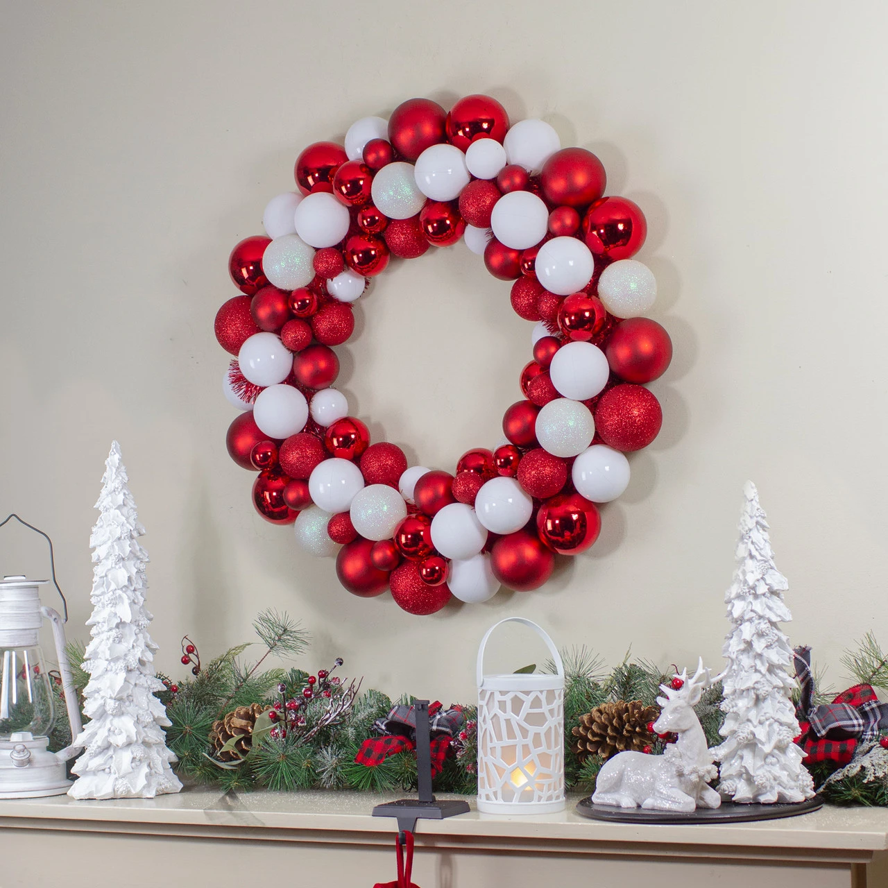 White And Red 3-Finish Shatterproof Ball Christmas Wreath - 24-Inch, Unlit 2 White And Red 3-Finish Shatterproof Ball Christmas Wreath - 24-Inch, Unlit - Image 2