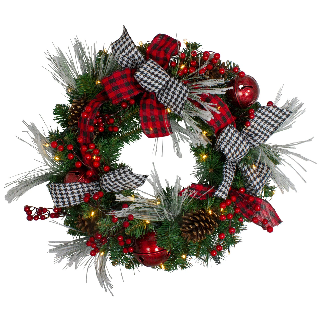 Pre-Lit Decorated Plaid And Houndstooth Artificial Christmas Wreath - 24-Inch, Warm White Lights 2 Pre-Lit Decorated Plaid And Houndstooth Artificial Christmas Wreath - 24-Inch, Warm White Lights - Image 2