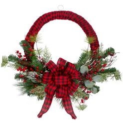 Red And Black Buffalo Plaid And Berry Artificial Christmas Wreath - 24-Inch, Unlit