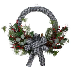 Black And White Houndstooth And Berry Artificial Christmas Wreath - 24-Inch, Unlit