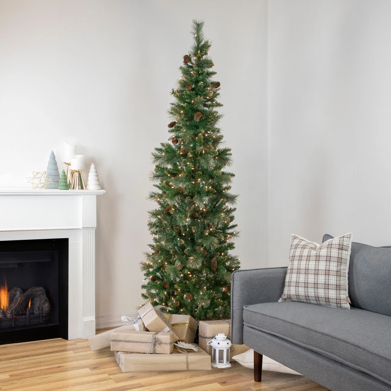 7' Pre-Lit Yorkshire Pine Pencil Artificial Christmas Tree, Clear Lights 2 7' Pre-Lit Yorkshire Pine Pencil Artificial Christmas Tree, Clear Lights - Image 2