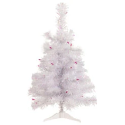 2' Pre-lit Rockport White Pine Artificial Christmas Tree, Pink Lights