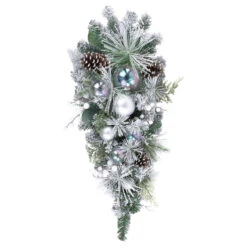 30" Flocked Pine Artificial Christmas Teardrop Swag With Iridescent Ornaments - Unlit