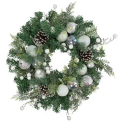 Green Pine Artificial Christmas Wreath With Berries And Iridescent Ornaments, 24-Inch