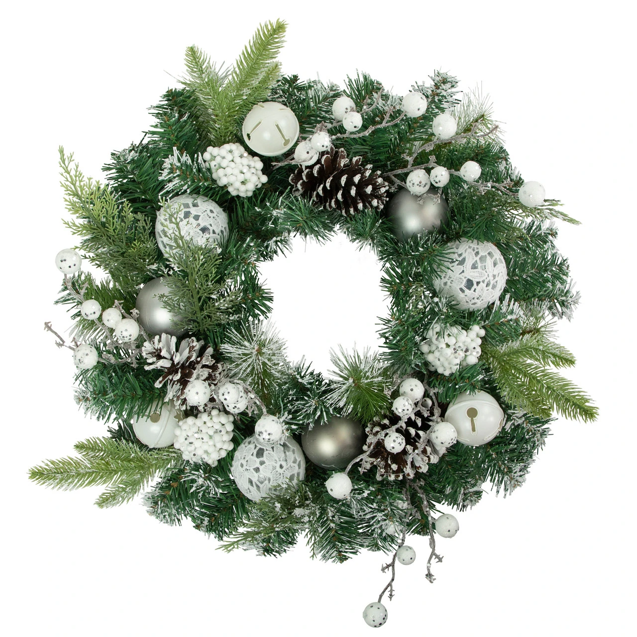 Green Pine Frosted Artificial Christmas Wreath With Laced Ornaments, 24-Inch, Unlit 1 Green Pine Frosted Artificial Christmas Wreath With Laced Ornaments, 24-Inch, Unlit