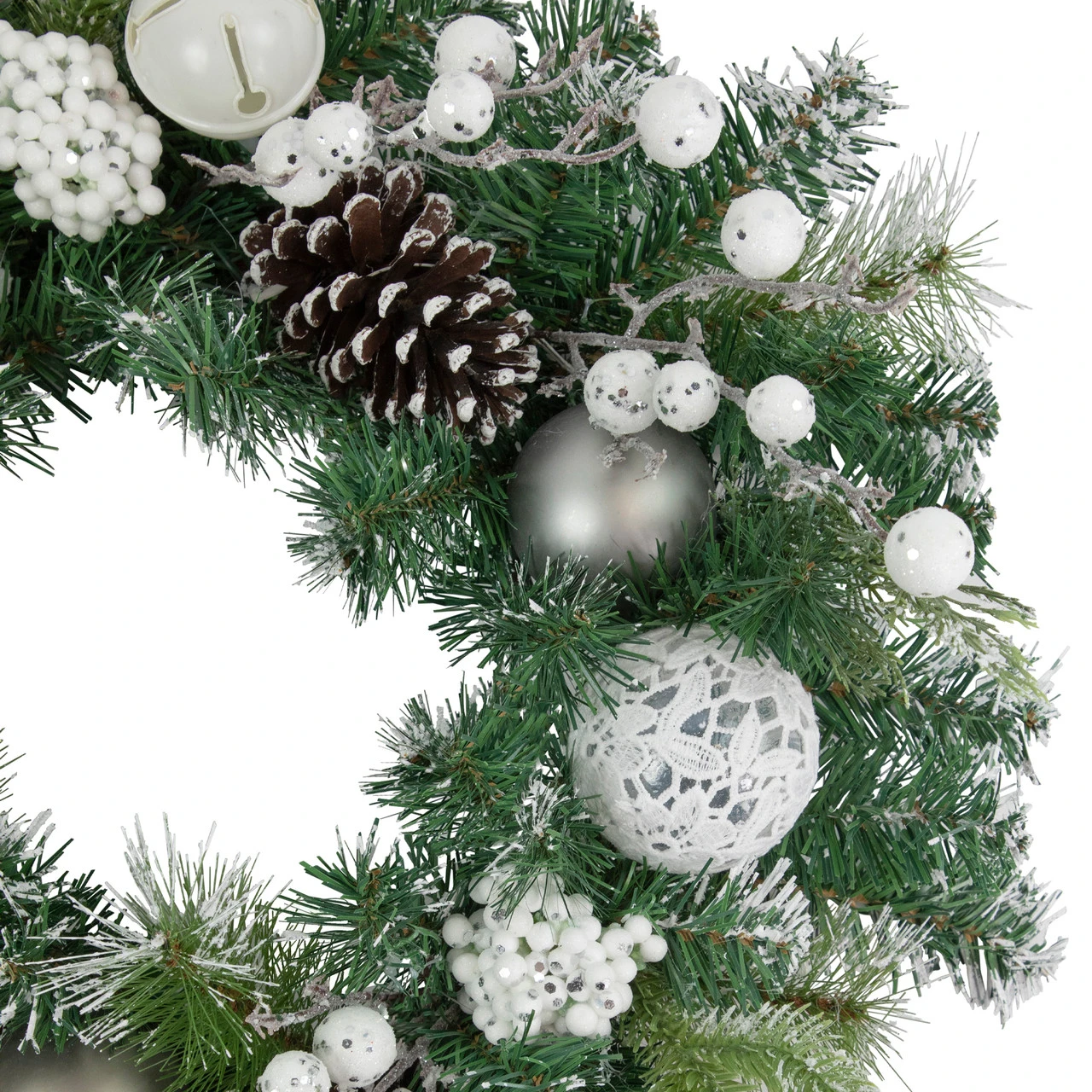Green Pine Frosted Artificial Christmas Wreath With Laced Ornaments, 24-Inch, Unlit 3 Green Pine Frosted Artificial Christmas Wreath With Laced Ornaments, 24-Inch, Unlit - Image 3