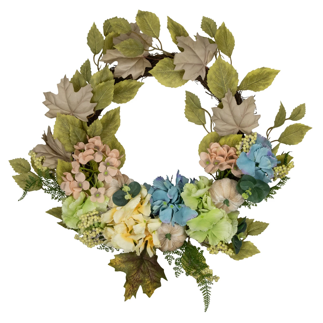 Green And Blue Floral And Gourds Thanksgiving Artificial Wreath, 22-Inch 1 Green And Blue Floral And Gourds Thanksgiving Artificial Wreath, 22-Inch