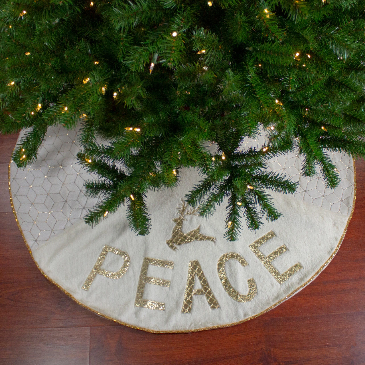 48" Cream And Gold Peace And Reindeer Christmas Tree Skirt 1 48" Cream And Gold Peace And Reindeer Christmas Tree Skirt