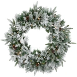 Pre-Lit Flocked Rosemary Emerald Angel Pine Artificial Christmas Wreath - 30-Inch, Clear LED Lights