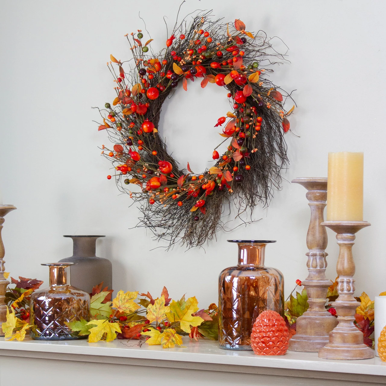 Leaves And Berries Artificial Fall Harvest Twig Wreath - 24 Inch, Unlit 2 Leaves And Berries Artificial Fall Harvest Twig Wreath - 24 Inch, Unlit - Image 2