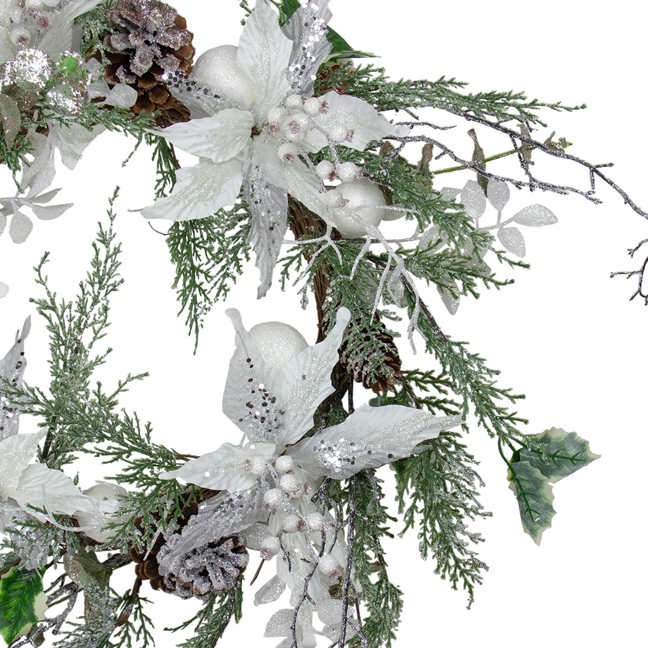 Iced White Poinsettia Artificial Christmas Wreath - 22 Inch, Unlit 3 Iced White Poinsettia Artificial Christmas Wreath - 22 Inch, Unlit - Image 3