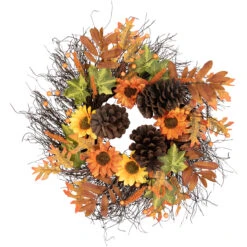 Sunflowers And Pine Cones Fall Artificial Thanksgiving Wreath, 24-Inch, Unlit