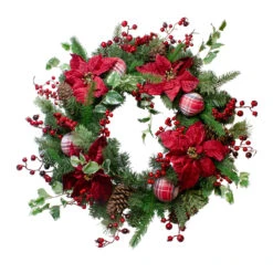 Poinsettias And Red Berries Artificial Christmas Wreath - 30-Inch, Unlit