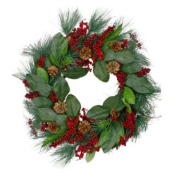 Leaves, Berry And Pine Needle Artificial Christmas Wreath - 24-Inch, Unlit