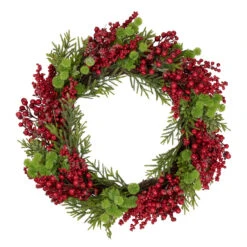 Red Berry And Frosted Pine Christmas Wreath, 28-Inch, Unlit