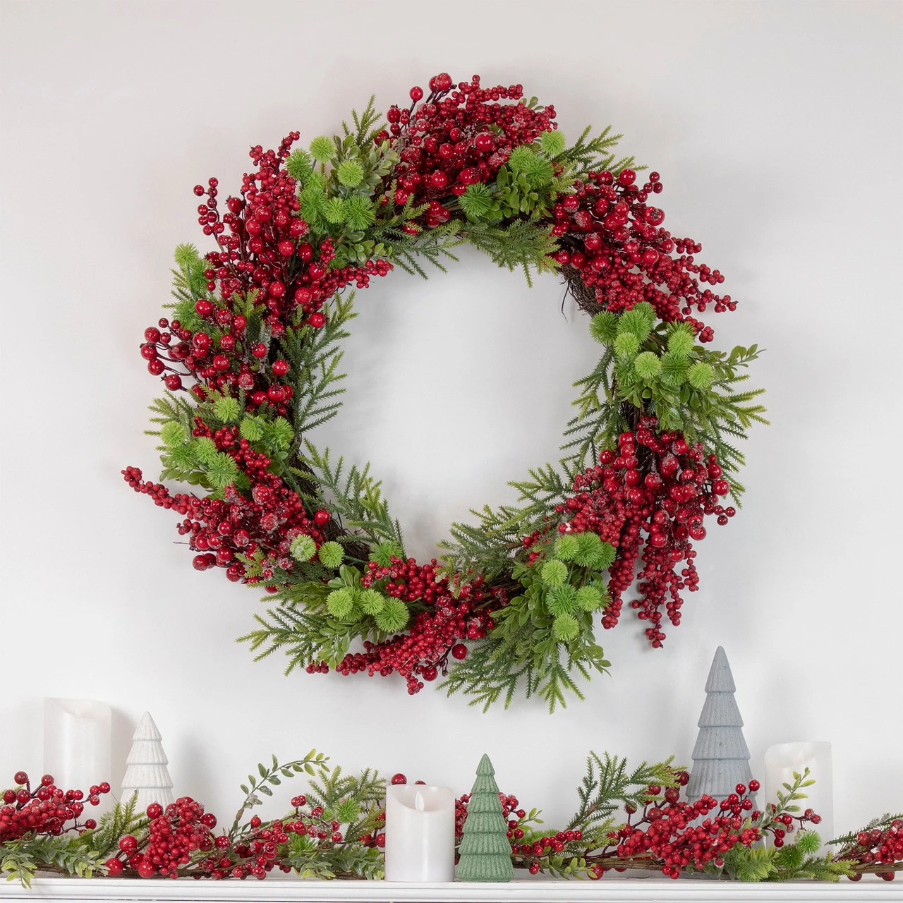 Red Berry And Frosted Pine Christmas Wreath, 28-Inch, Unlit 2 Red Berry And Frosted Pine Christmas Wreath, 28-Inch, Unlit - Image 2