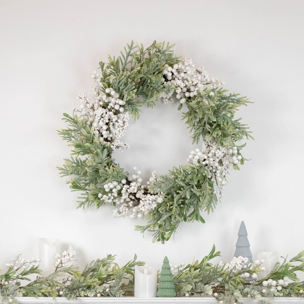 5' X 10" White Berry And Frosted Pine Christmas Garland, Unlit 2 5' X 10" White Berry And Frosted Pine Christmas Garland, Unlit - Image 2