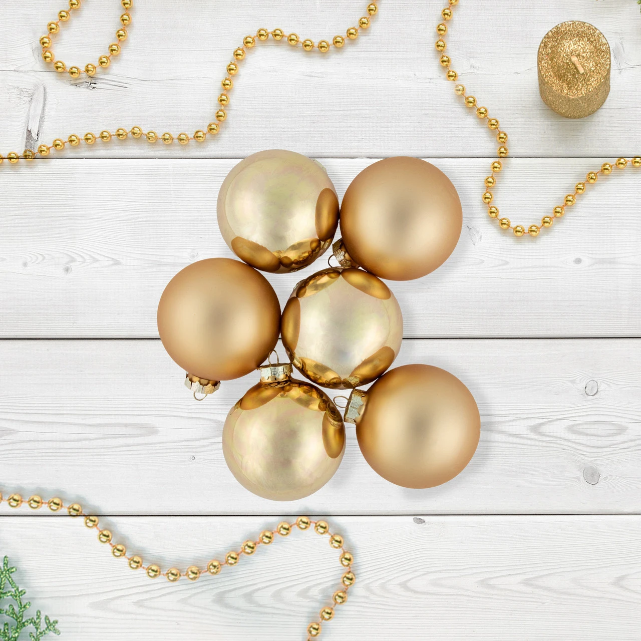 6ct Champagne Gold 2-Finish Glass Ball Christmas Ornament Set 3.25" 2 6ct Champagne Gold 2-Finish Glass Ball Christmas Ornament Set 3.25" - Image 2
